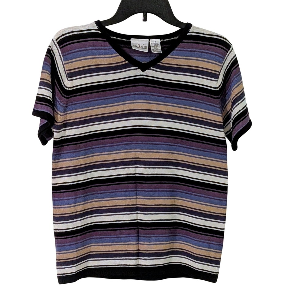 Villager By Liz Claiborne Striped V Neck Knit Seater Top Blue Harmony Size S NWT